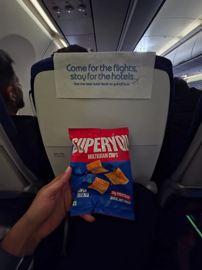 SuperYou Multigrain Protein Chips — baked protein chips pack on a flight tray